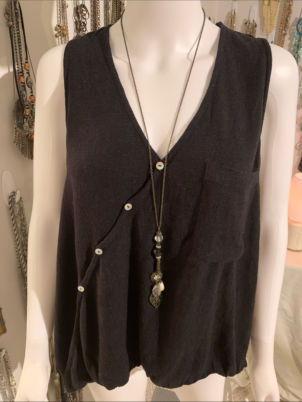 Three Dots Black Sleeveless V-Neck Button-Accent Tank with necklace